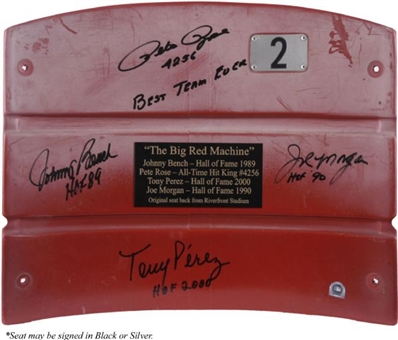 Cincinnati Reds - Big Red Machine - Autographed Riverfront Stadium Seat Back Signed and Inscribed by Joe Morgan, Johnny Bench, Tony Perez and Pete Rose